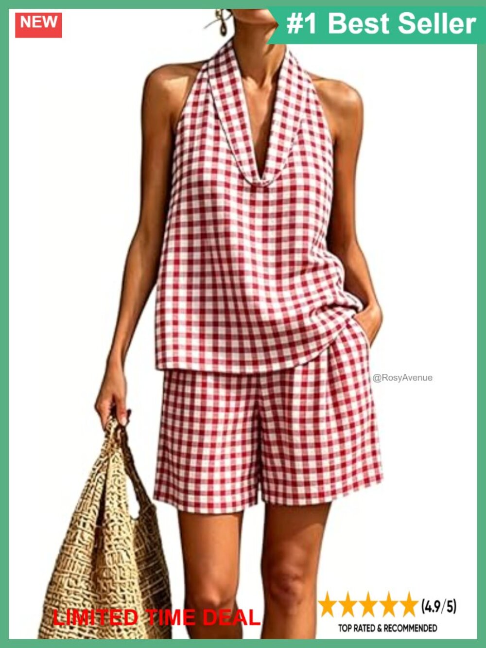 Gingham Plaid Halter Tank Top & Shorts Set Sleeveless Cotton 2 Piece Vacation